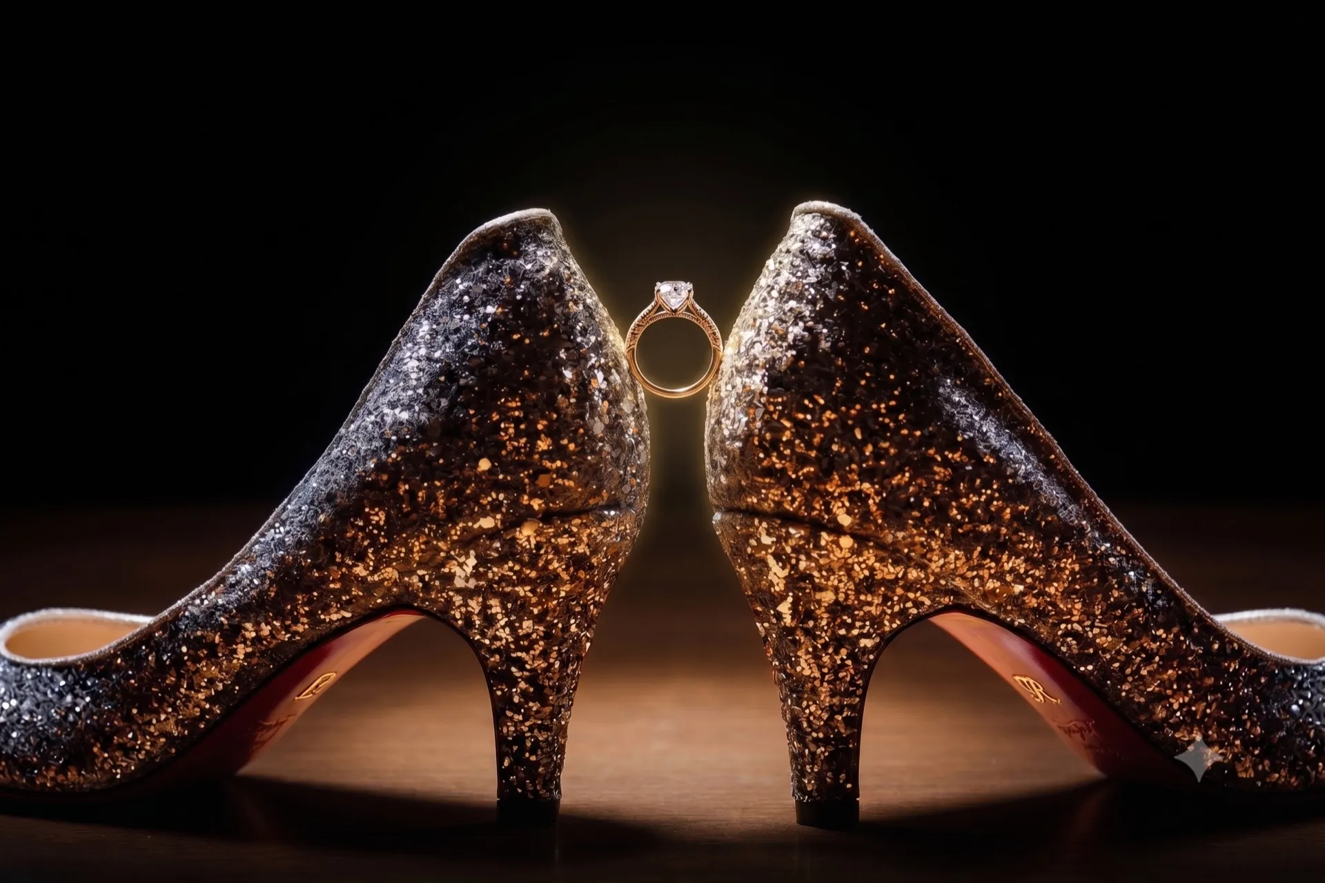 Bridal glitter shoes and engagement ring — wedding first dance preparation at VW Dance